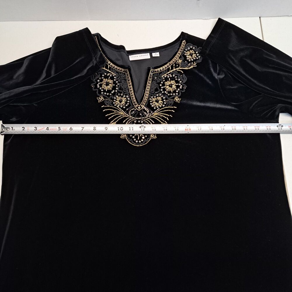 Susan Graver Embellished Beaded 3/4 Sleeve Velvet Black Women's XL Top - Picture 6 of 8